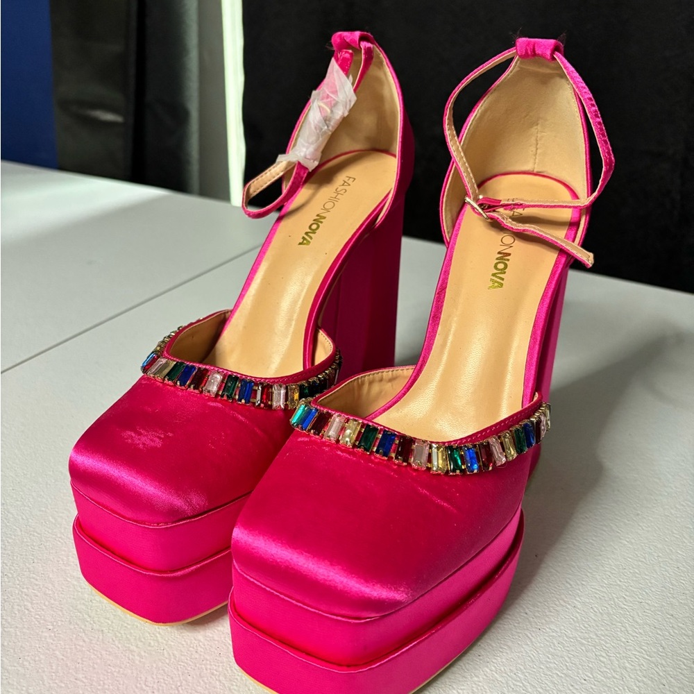 Fashion Nova Fuchsia Satin Platform Ankle-Strap Heels with Multicolor Gem Trim